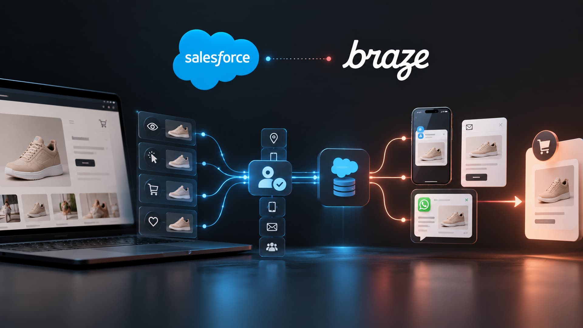 Conceptual illustration of shopping signals flowing from an online store through CRM to customer messaging, with Salesforce and Braze linked by their announced deal.