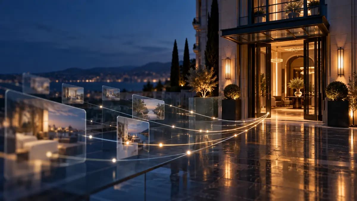 Premium hotel entrance with luminous digital routes representing multiple booking paths.