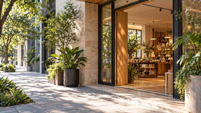 Contemporary storefront with greenery at the entrance and a warmly lit interior.