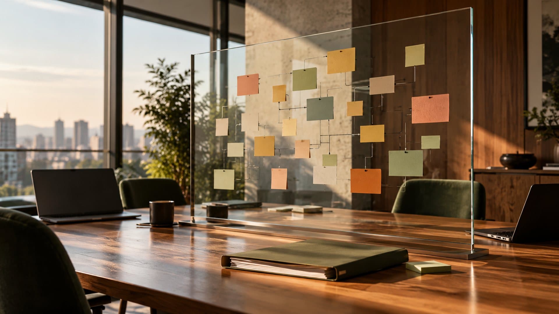 Meeting room with a transparent board of connected notes, representing business rules shared by AI agents.