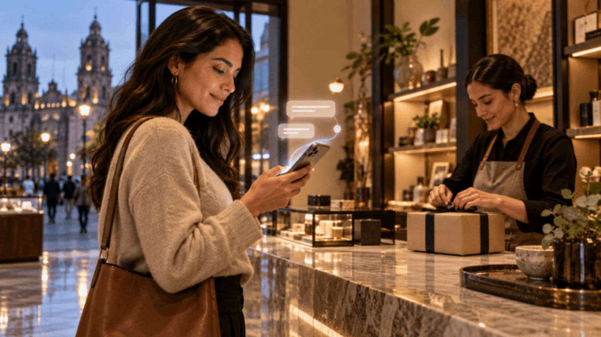Cliente consulta su teléfono en una tienda premium mientras una vendedora prepara un paquete; el checkout conversacional ocurre antes de llegar a la web.