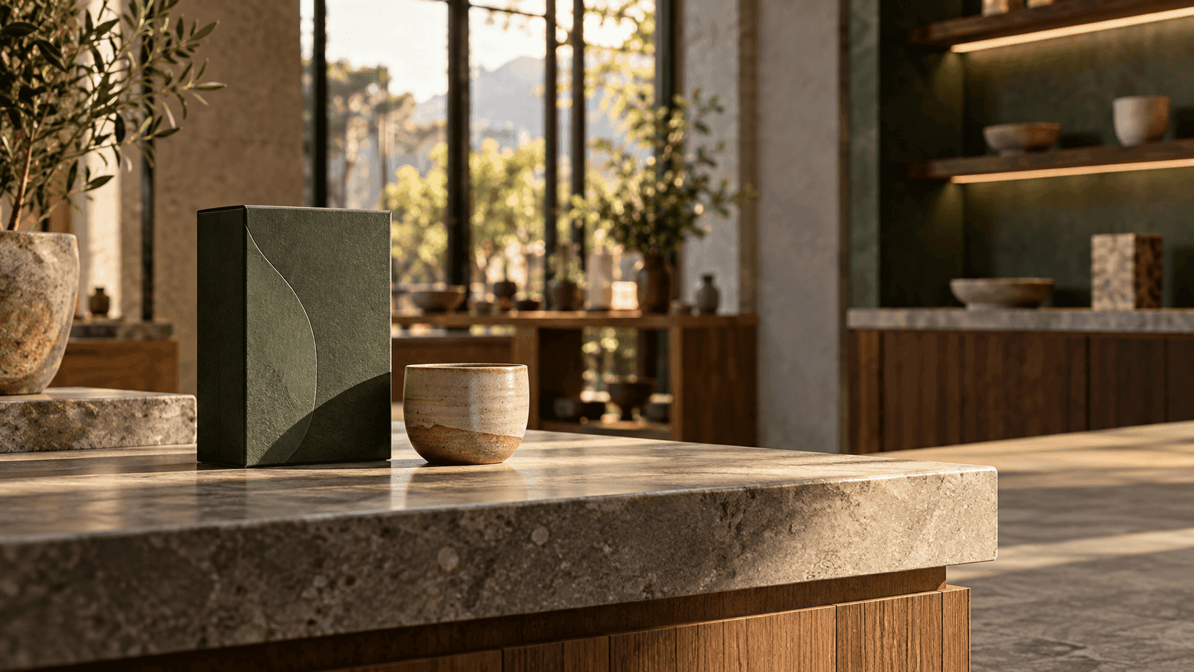 Producto de retail premium presentado en un mostrador de piedra con luz natural, listo para ser descubierto en un catálogo digital.