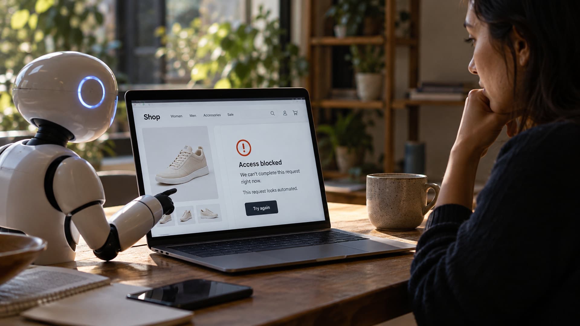 Agente de inteligencia artificial frente a una barrera de acceso en un canal digital comercial.