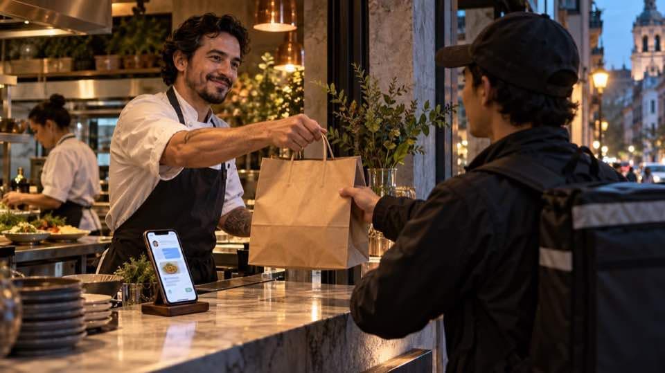 Un chef entrega una bolsa de comida a un repartidor mientras un teléfono muestra una conversación para hacer un pedido.