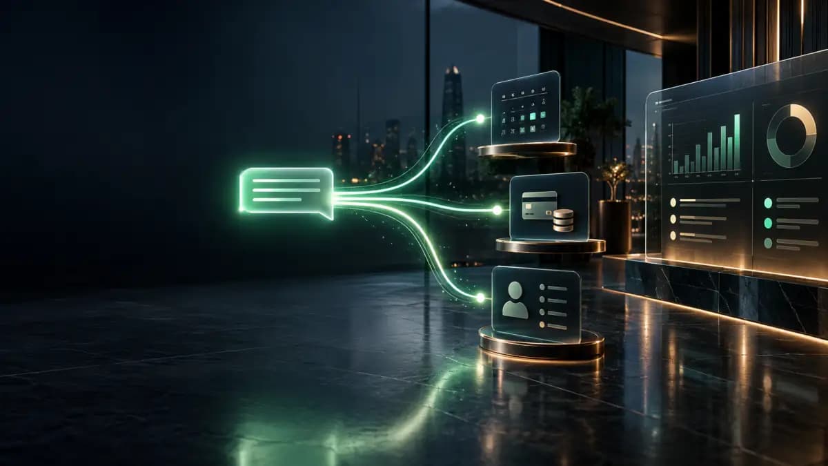 Luminous flow connecting a WhatsApp conversation to scheduling, payments, CRM and operations.